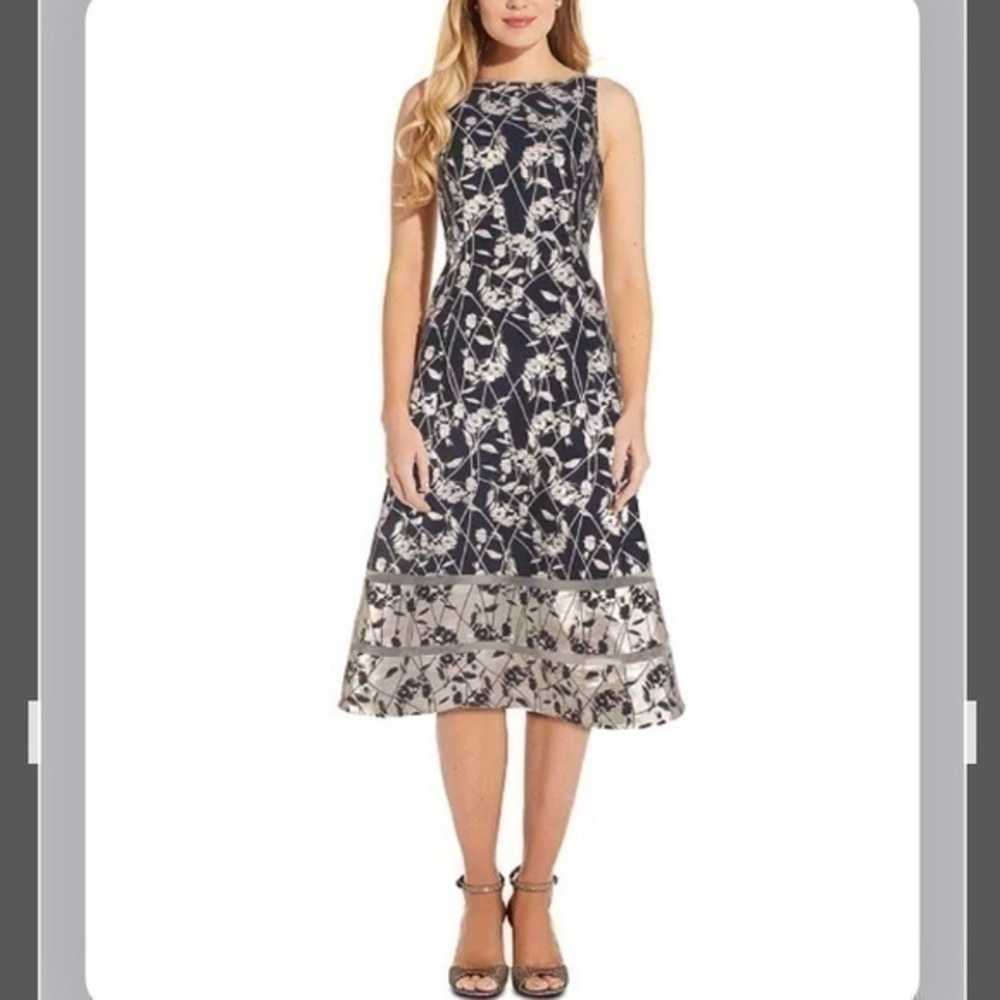 Adrianna Papell REVERSE Jacquard Midi Dress in Navy Blue / Silver - Picture 1 of 14